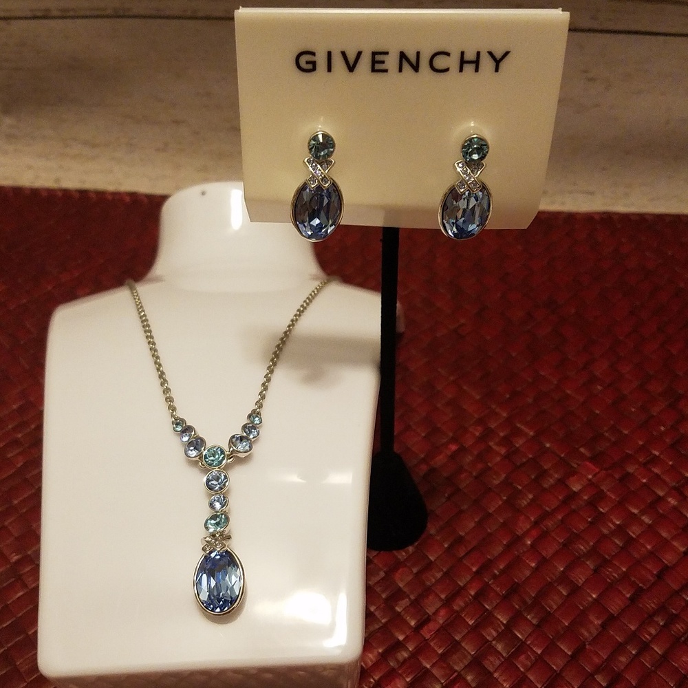Givenchy Necklace & Earrings Set Blue Silver